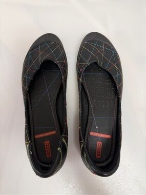 ECCO Black Leather Ballet Flats Colorful Stitch Pattern Comfort Shoes EU 36